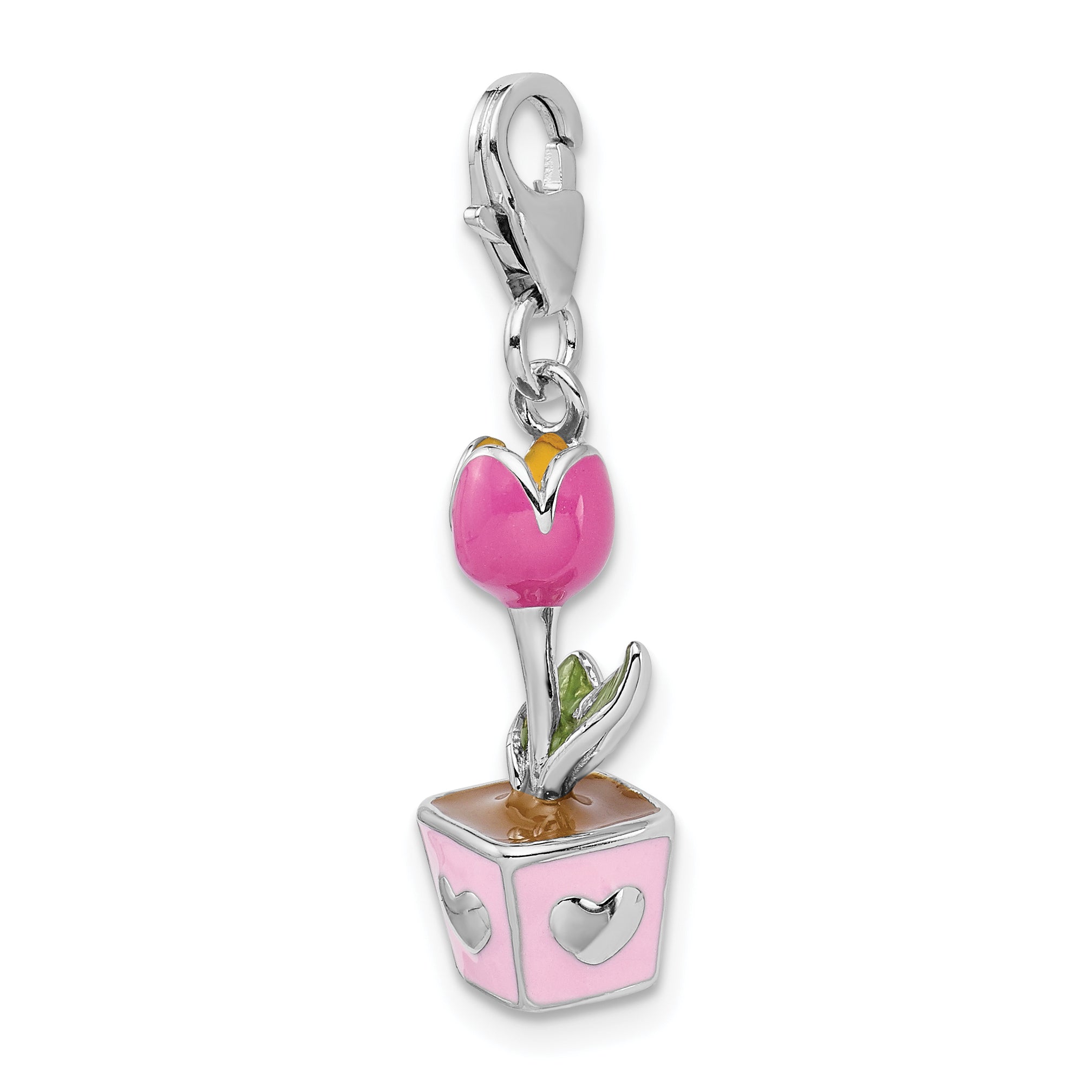 Sterling Silver Amore La Vita Rhodium-Plated Polished 3-D Pink Enameled Potted Tulip Charm With Fancy Lobster Clasp