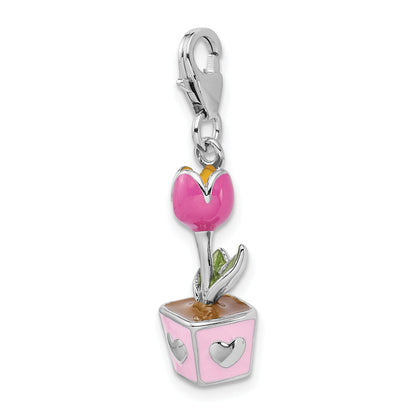 Sterling Silver Amore La Vita Rhodium-Plated Polished 3-D Pink Enameled Potted Tulip Charm With Fancy Lobster Clasp