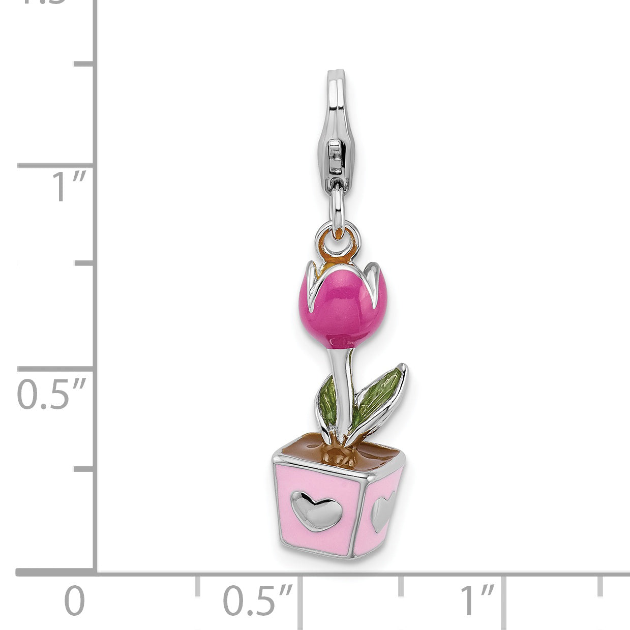 Sterling Silver Amore La Vita Rhodium-Plated Polished 3-D Pink Enameled Potted Tulip Charm With Fancy Lobster Clasp