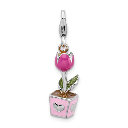 Sterling Silver Amore La Vita Rhodium-Plated Polished 3-D Pink Enameled Potted Tulip Charm With Fancy Lobster Clasp