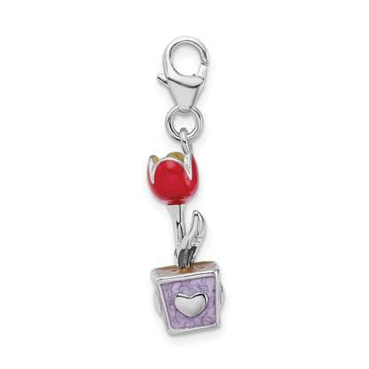 Sterling Silver Amore La Vita Rhodium-Plated Polished 3-D Red Enameled Potted Tulip Flower Charm With Fancy Lobster Clasp