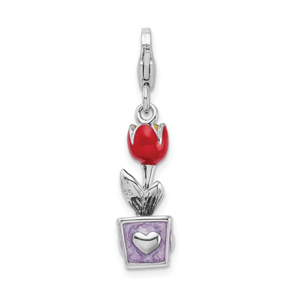 Sterling Silver Amore La Vita Rhodium-Plated Polished 3-D Red Enameled Potted Tulip Flower Charm With Fancy Lobster Clasp