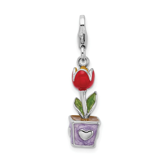 Sterling Silver Amore La Vita Rhodium-Plated Polished 3-D Red Enameled Potted Tulip Flower Charm With Fancy Lobster Clasp