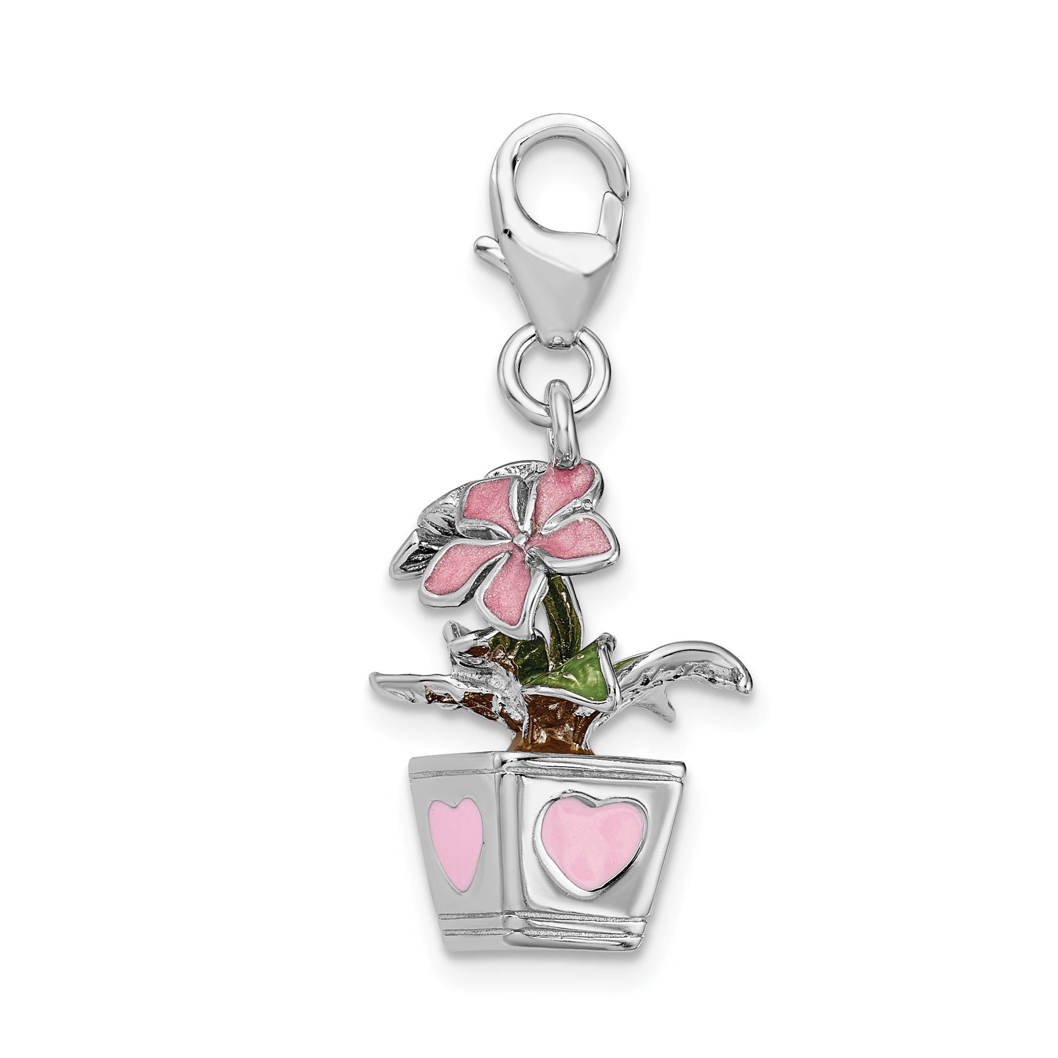 Sterling Silver Amore La Vita Rhodium-Plated Polished 3-D Enameled Potted Flowers Charm With Fancy Lobster Clasp