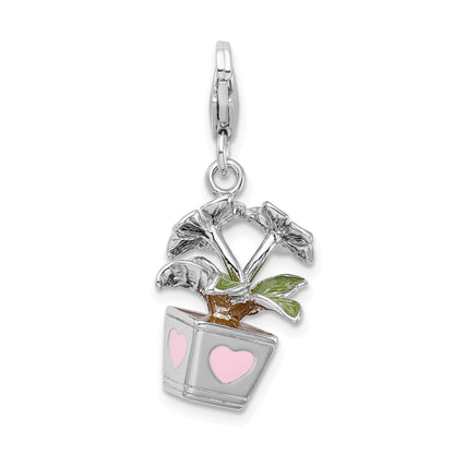 Sterling Silver Amore La Vita Rhodium-Plated Polished 3-D Enameled Potted Flowers Charm With Fancy Lobster Clasp