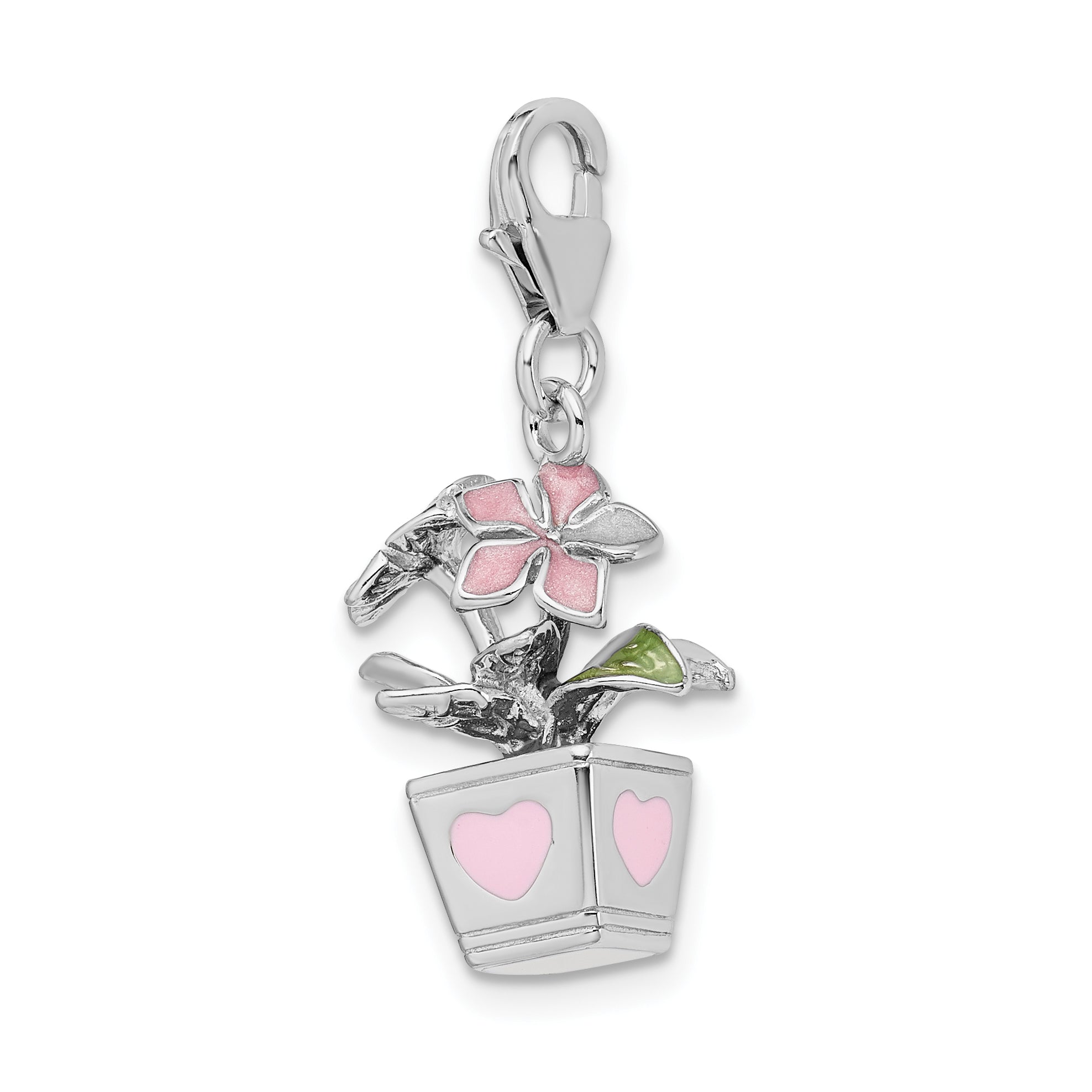 Sterling Silver Amore La Vita Rhodium-Plated Polished 3-D Enameled Potted Flowers Charm With Fancy Lobster Clasp