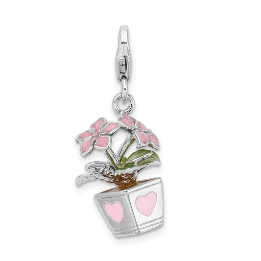 Sterling Silver Amore La Vita Rhodium-Plated Polished 3-D Enameled Potted Flowers Charm With Fancy Lobster Clasp
