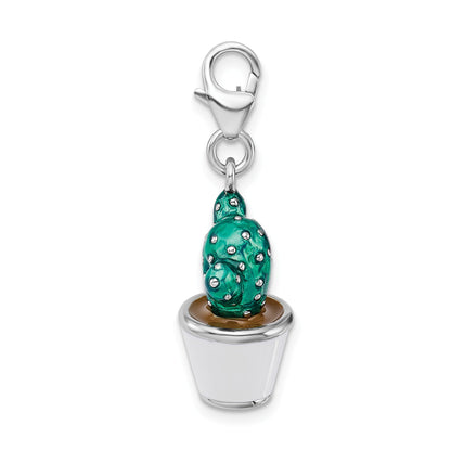 Sterling Silver Amore La Vita Rhodium-Plated Polished 3-D Enameled Potted Green Cactus Charm With Fancy Lobster Clasp