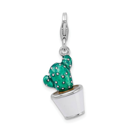 Sterling Silver Amore La Vita Rhodium-Plated Polished 3-D Enameled Potted Green Cactus Charm With Fancy Lobster Clasp