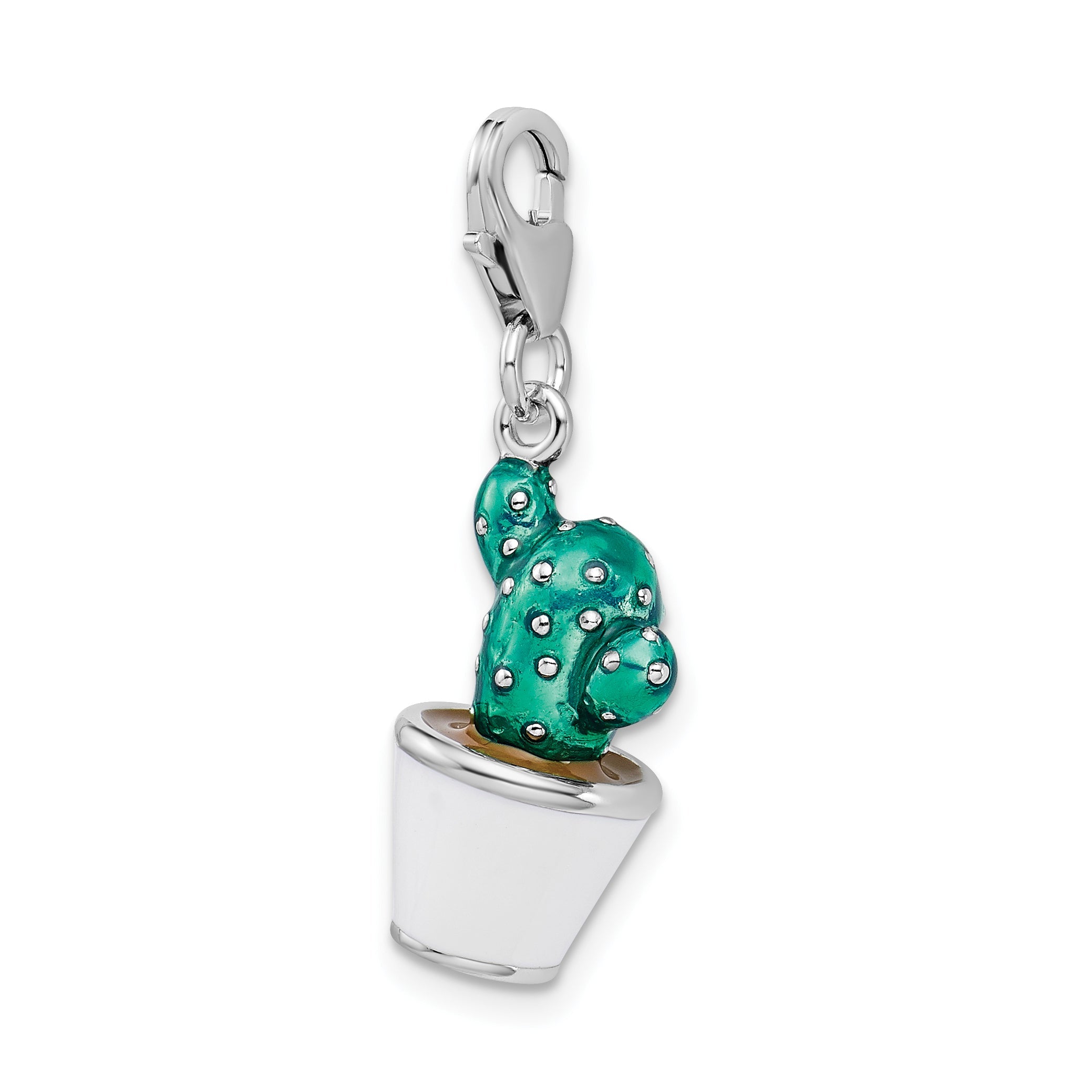 Sterling Silver Amore La Vita Rhodium-Plated Polished 3-D Enameled Potted Green Cactus Charm With Fancy Lobster Clasp
