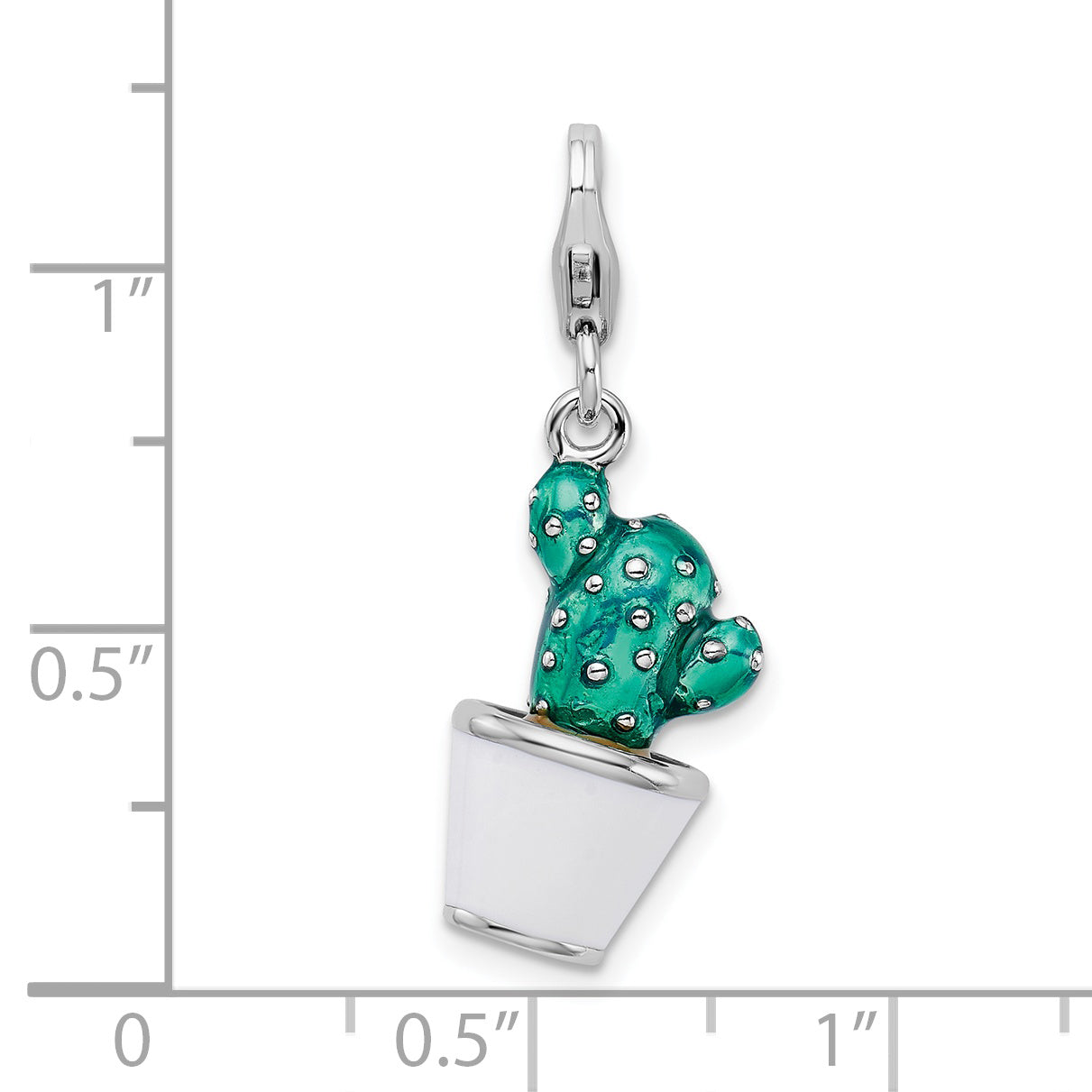 Sterling Silver Amore La Vita Rhodium-Plated Polished 3-D Enameled Potted Green Cactus Charm With Fancy Lobster Clasp