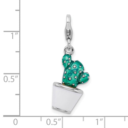 Sterling Silver Amore La Vita Rhodium-Plated Polished 3-D Enameled Potted Green Cactus Charm With Fancy Lobster Clasp