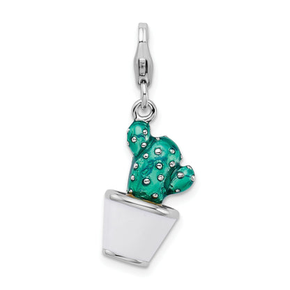 Sterling Silver Amore La Vita Rhodium-Plated Polished 3-D Enameled Potted Green Cactus Charm With Fancy Lobster Clasp