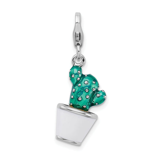 Sterling Silver Amore La Vita Rhodium-Plated Polished 3-D Enameled Potted Green Cactus Charm With Fancy Lobster Clasp