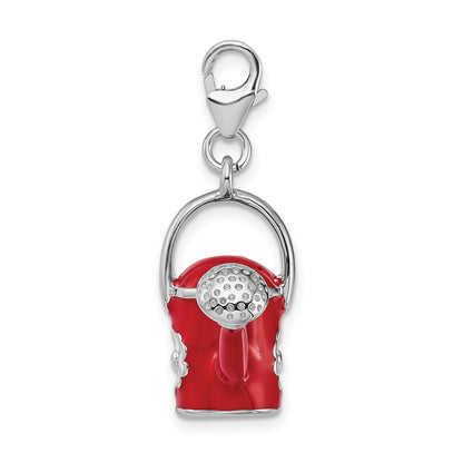 Sterling Silver Amore La Vita Rhodium-Plated Polished 3-D Enameled Red Watering Can Charm With Fancy Lobster Clasp