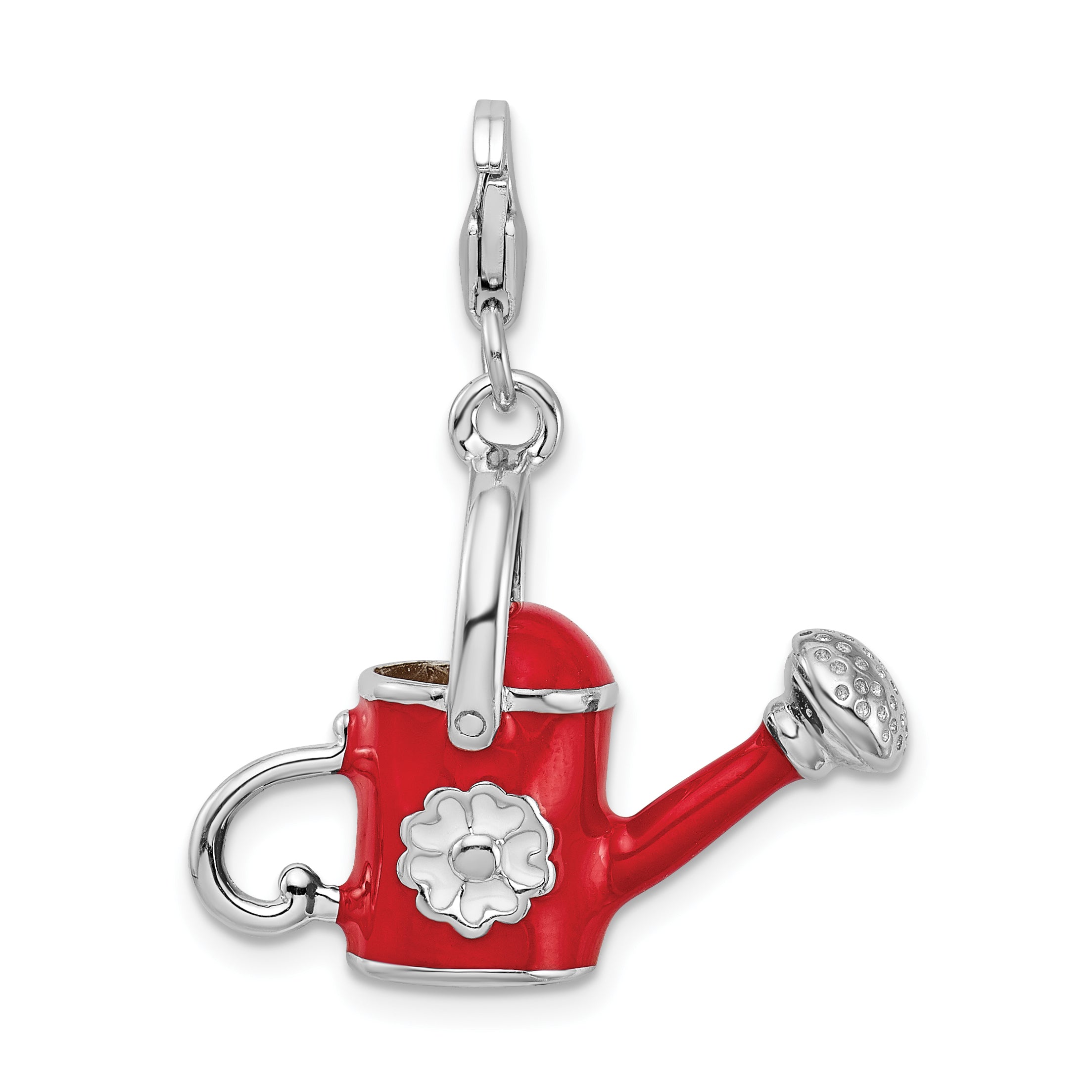 Sterling Silver Amore La Vita Rhodium-Plated Polished 3-D Enameled Red Watering Can Charm With Fancy Lobster Clasp