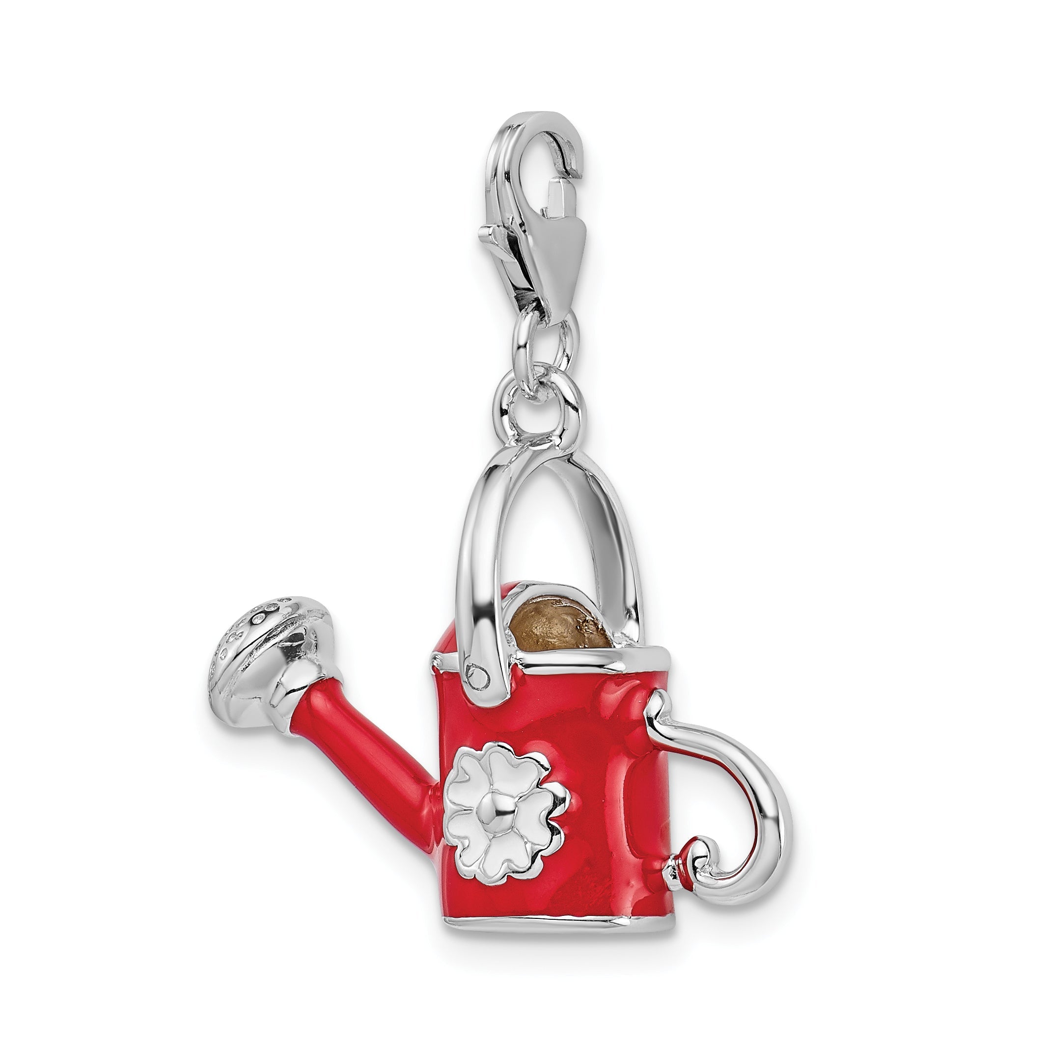 Sterling Silver Amore La Vita Rhodium-Plated Polished 3-D Enameled Red Watering Can Charm With Fancy Lobster Clasp