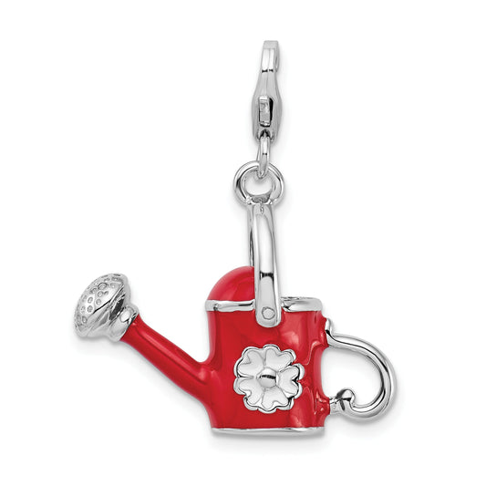 Sterling Silver Amore La Vita Rhodium-Plated Polished 3-D Enameled Red Watering Can Charm With Fancy Lobster Clasp