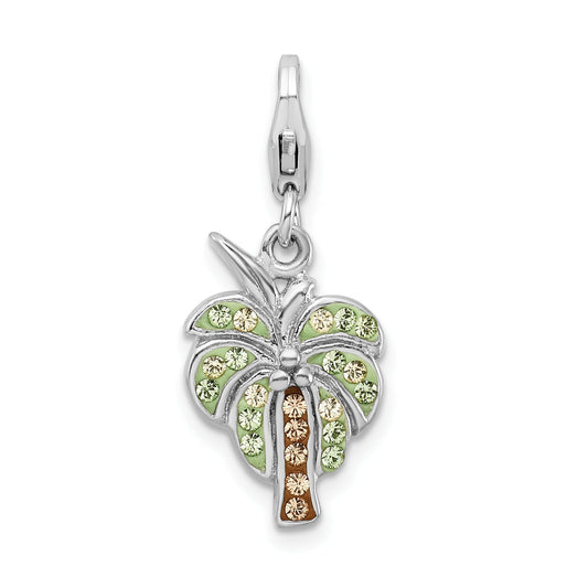 Sterling Silver Amore La Vita Rhodium-Plated Polished Crystal From Swarovski Palm Tree Charm With Fancy Lobster Clasp