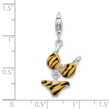 Sterling Silver Amore La Vita Rhodium-Plated Polished 3-D Cz Enameled Tiger Bikini Pendant