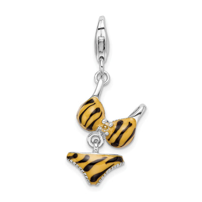 Sterling Silver Amore La Vita Rhodium-Plated Polished 3-D Cz Enameled Tiger Bikini Pendant