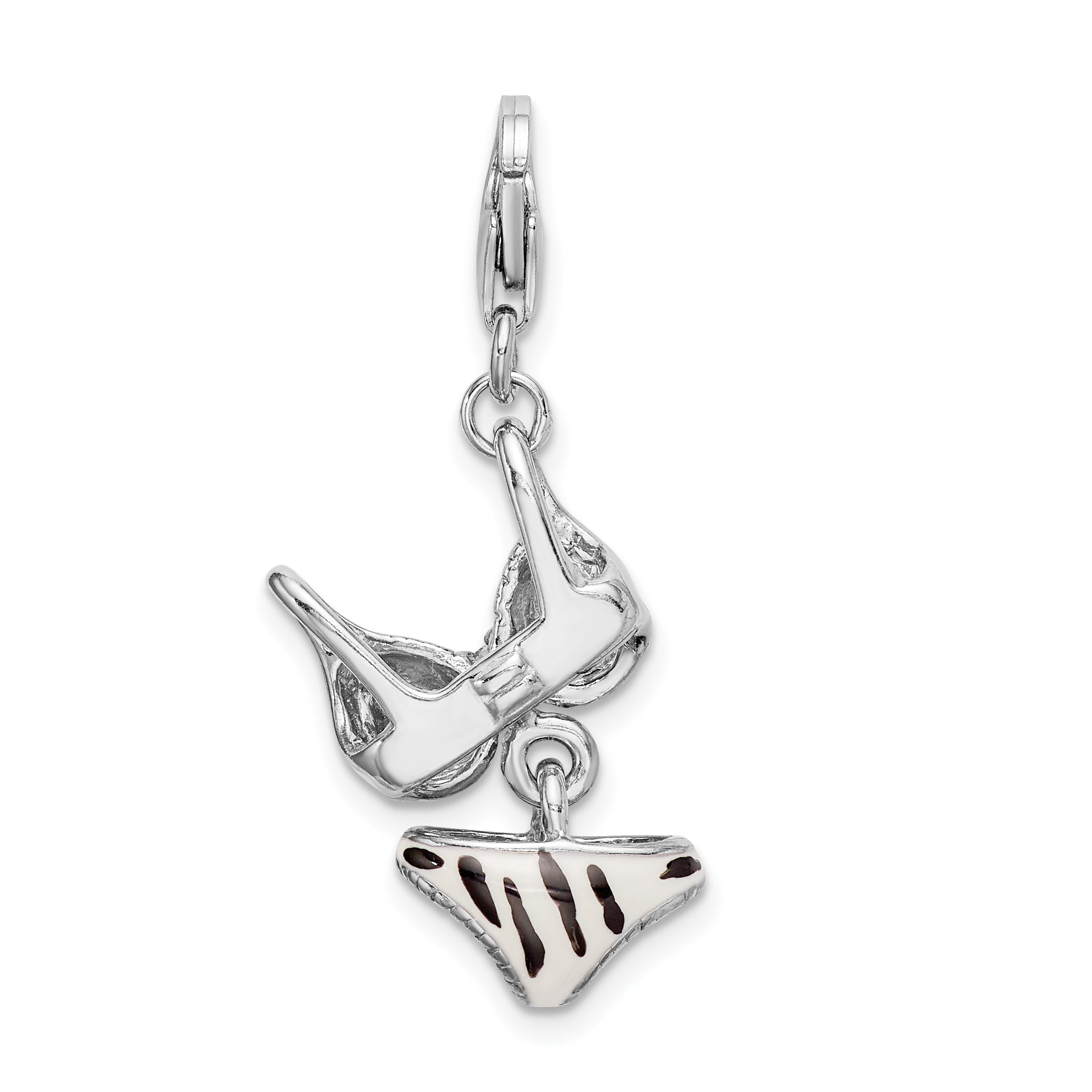 Sterling Silver Amore La Vita Rhodium-Plated Polished 3-D Cz Enameled Zebra Bikini Pendant