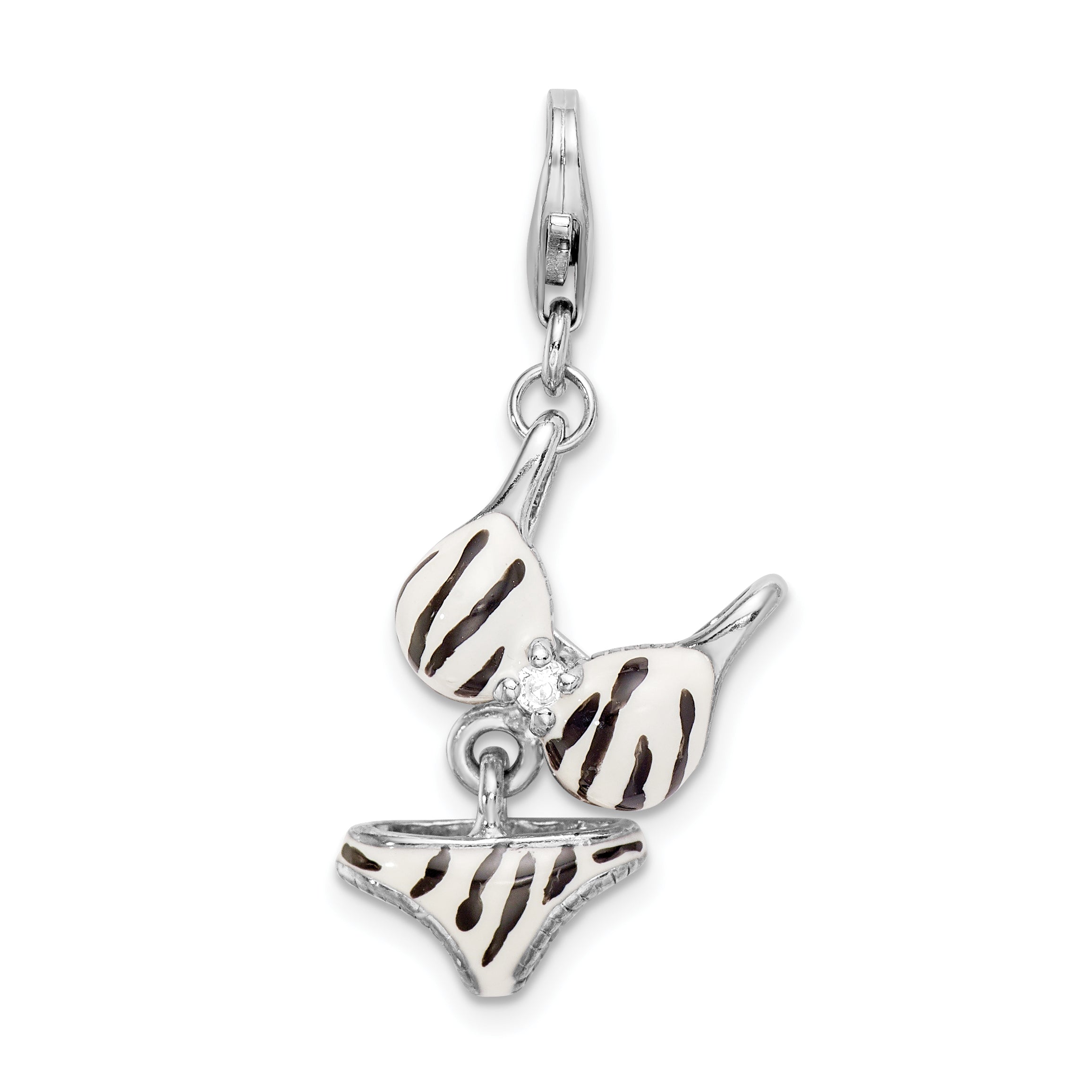Sterling Silver Amore La Vita Rhodium-Plated Polished 3-D Cz Enameled Zebra Bikini Pendant