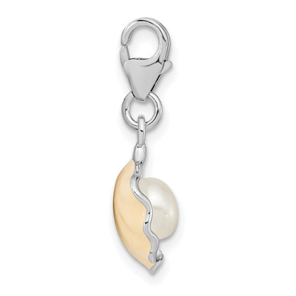 Sterling Silver Amore La Vita Rhodium-Plated Polished 3-D Enameled Shell With A Freshwater Cultured Pearl Charm Fancy Lobster Clasp
