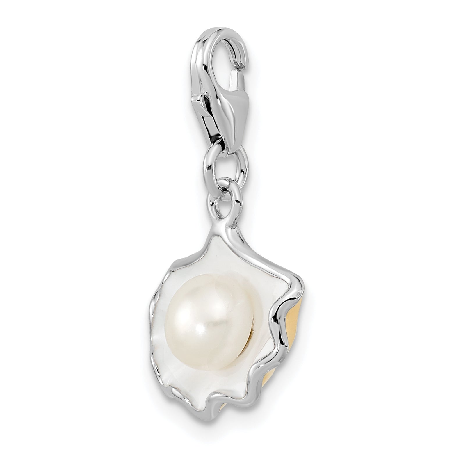 Sterling Silver Amore La Vita Rhodium-Plated Polished 3-D Enameled Shell With A Freshwater Cultured Pearl Charm Fancy Lobster Clasp