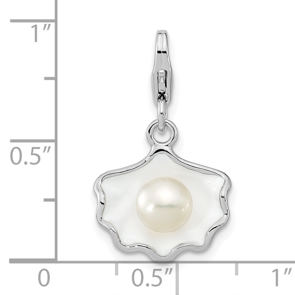 Sterling Silver Amore La Vita Rhodium-Plated Polished 3-D Enameled Shell With A Freshwater Cultured Pearl Charm Fancy Lobster Clasp
