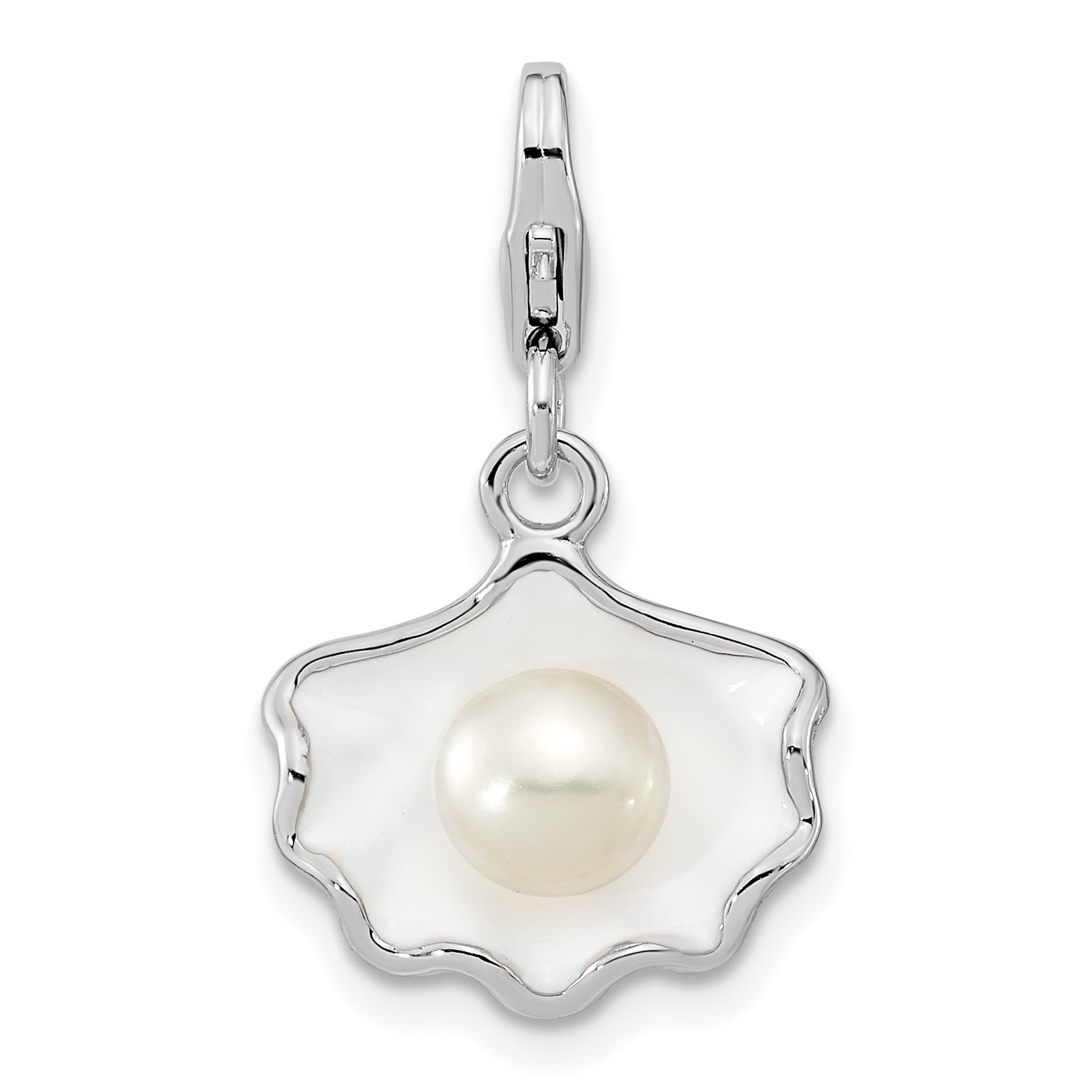 Sterling Silver Amore La Vita Rhodium-Plated Polished 3-D Enameled Shell With A Freshwater Cultured Pearl Charm Fancy Lobster Clasp