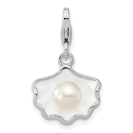 Sterling Silver Amore La Vita Rhodium-Plated Polished 3-D Enameled Shell With A Freshwater Cultured Pearl Charm Fancy Lobster Clasp