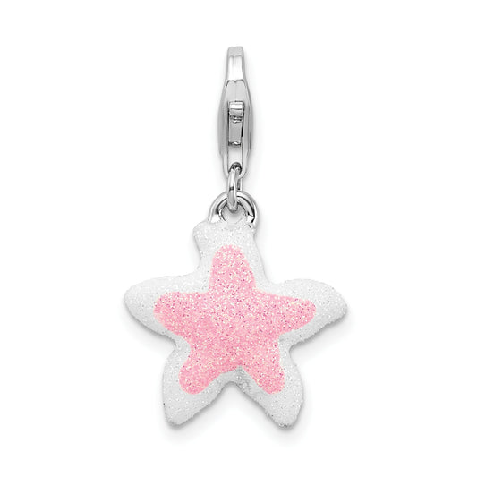 Sterling Silver Amore La Vita Rhodium-Plated Enameled Pink Sparkle Starfish Charm With Fancy Lobster Clasp