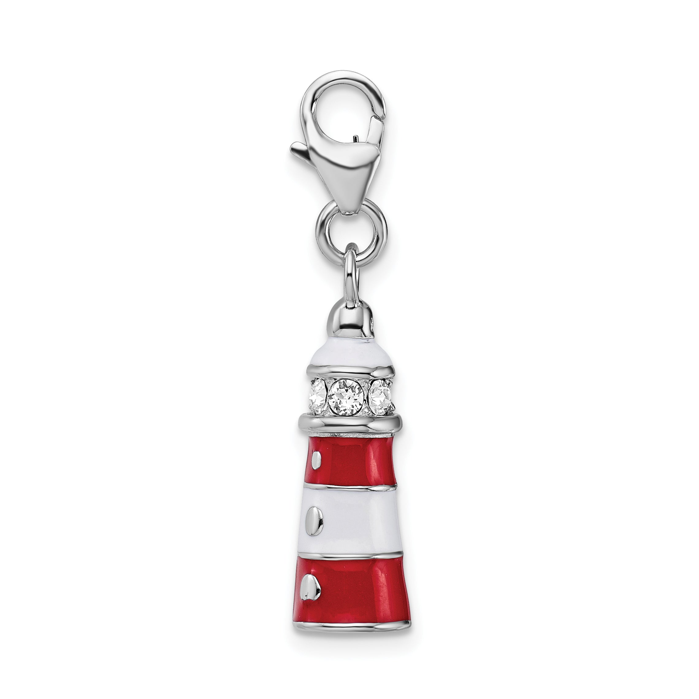 Sterling Silver Amore La Vita Rhodium-Plated Polished 3-D Red Enameled Swarovski Crystal Lighthouse Charm With Fancy Lobster Clasp