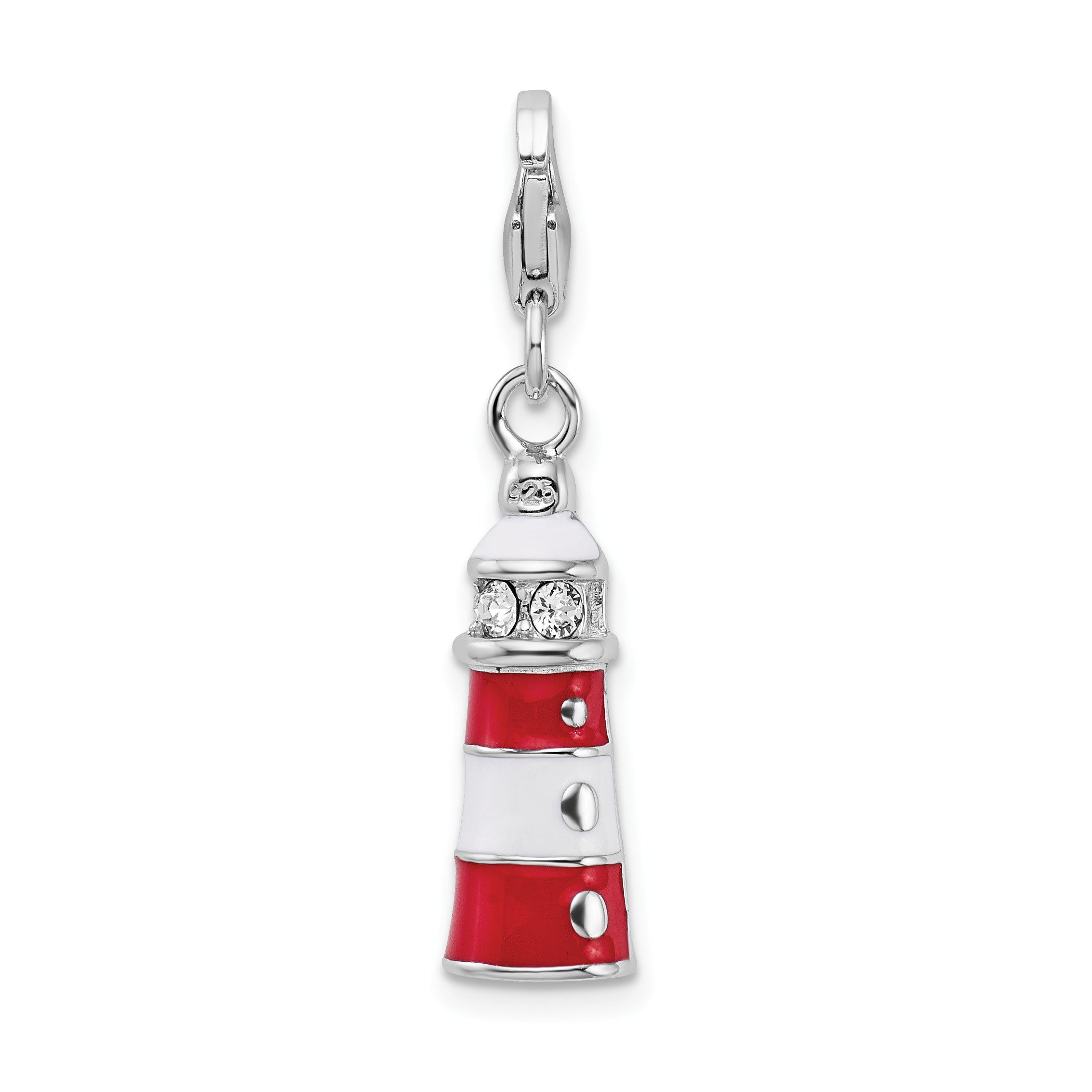 Sterling Silver Amore La Vita Rhodium-Plated Polished 3-D Red Enameled Swarovski Crystal Lighthouse Charm With Fancy Lobster Clasp
