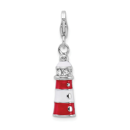 Sterling Silver Amore La Vita Rhodium-Plated Polished 3-D Red Enameled Swarovski Crystal Lighthouse Charm With Fancy Lobster Clasp