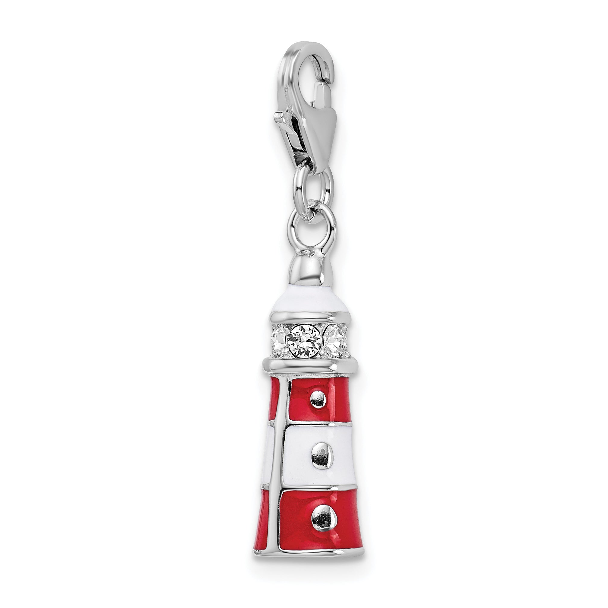 Sterling Silver Amore La Vita Rhodium-Plated Polished 3-D Red Enameled Swarovski Crystal Lighthouse Charm With Fancy Lobster Clasp