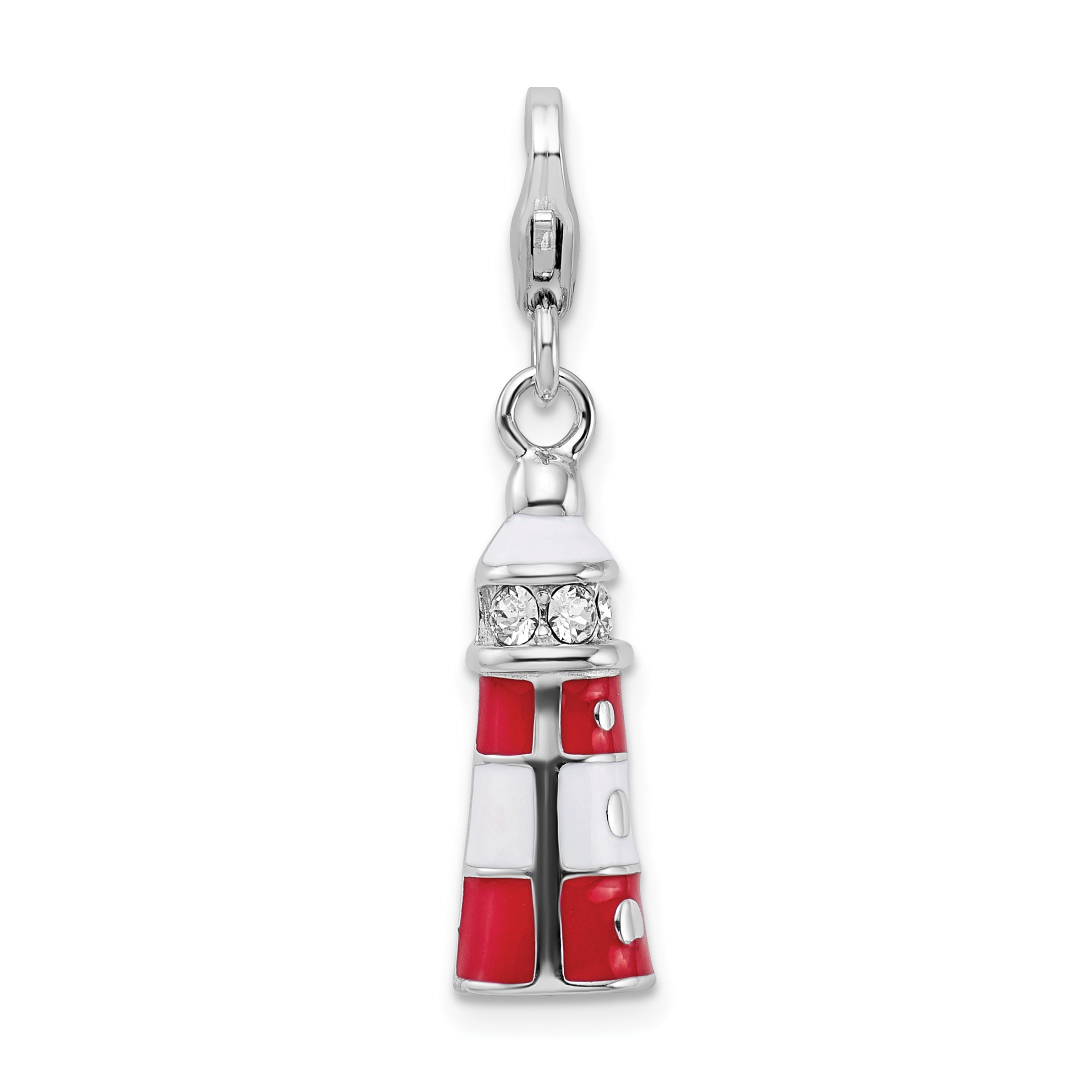 Sterling Silver Amore La Vita Rhodium-Plated Polished 3-D Red Enameled Swarovski Crystal Lighthouse Charm With Fancy Lobster Clasp