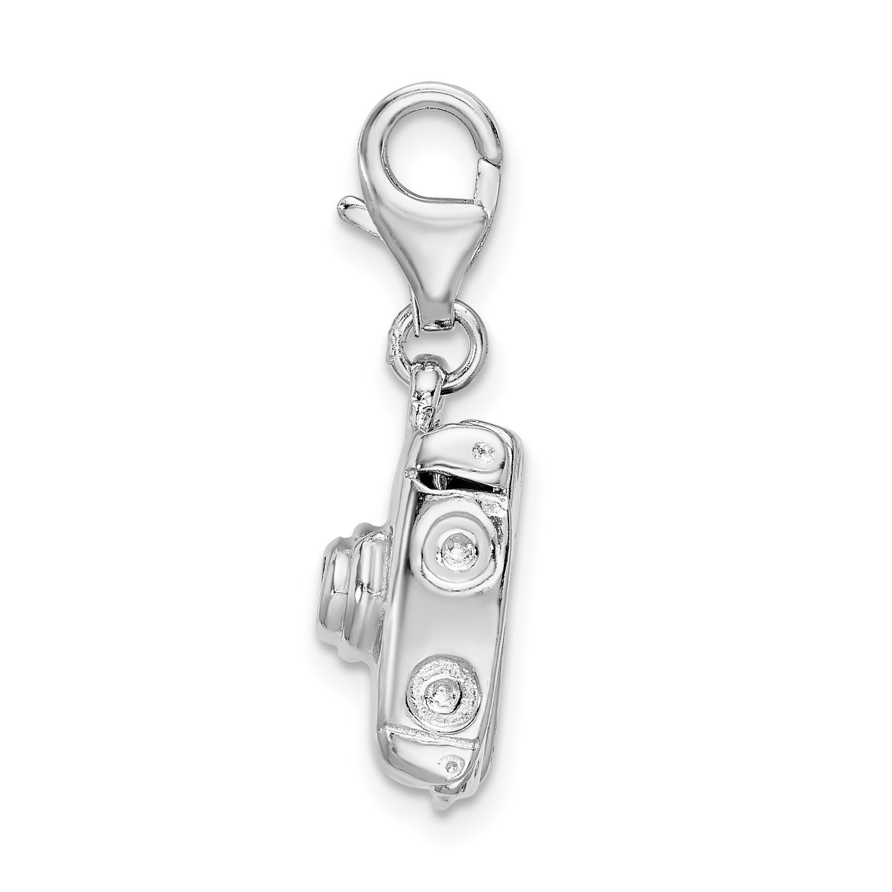 Sterling Silver Amore La Vita Rhodium-Plated Polished 3-D Movable Camera Charm With Fancy Lobster Clasp