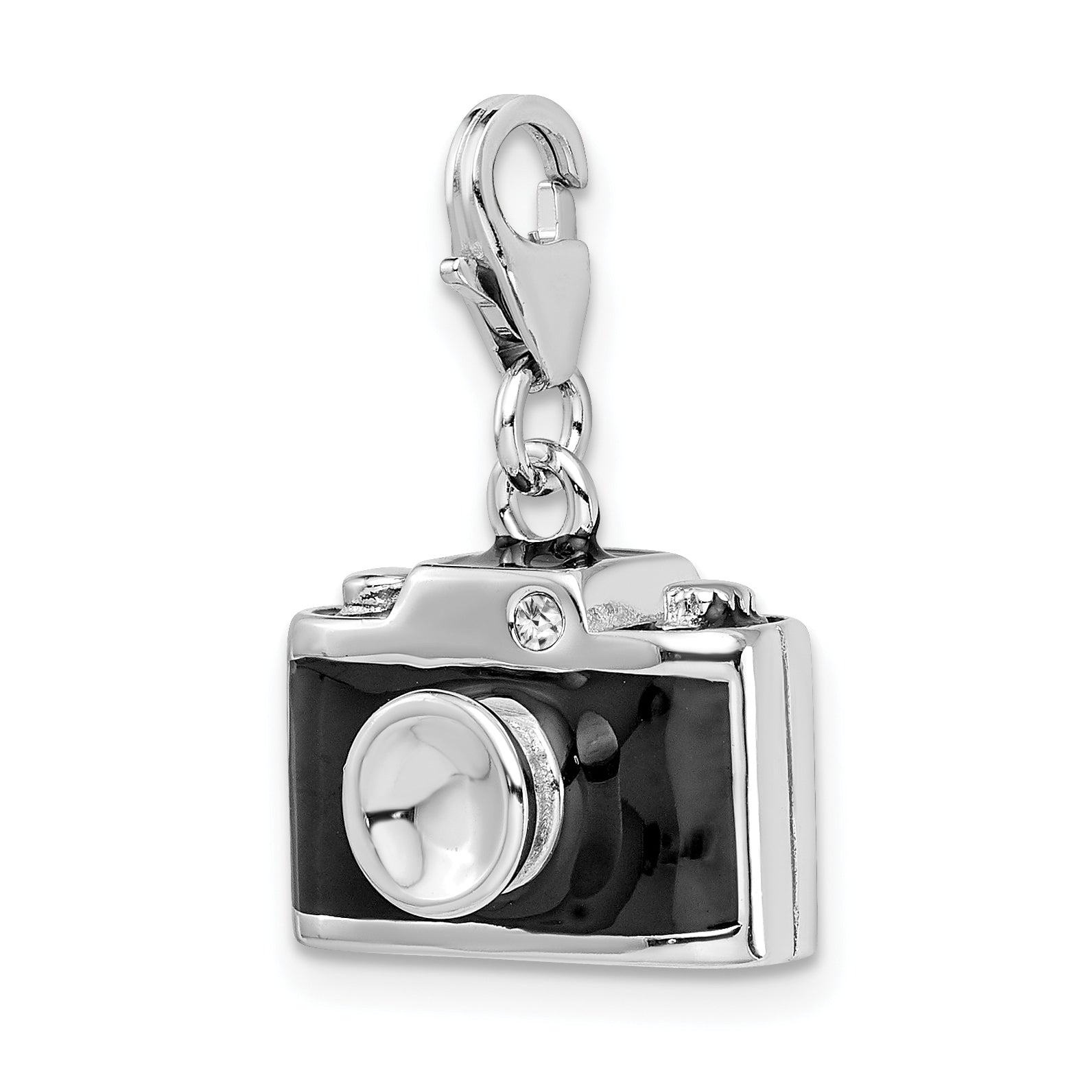 Sterling Silver Amore La Vita Rhodium-Plated Polished 3-D Enameled Crystal From Swarovski Camera Charm With Fancy Lobster Clasp