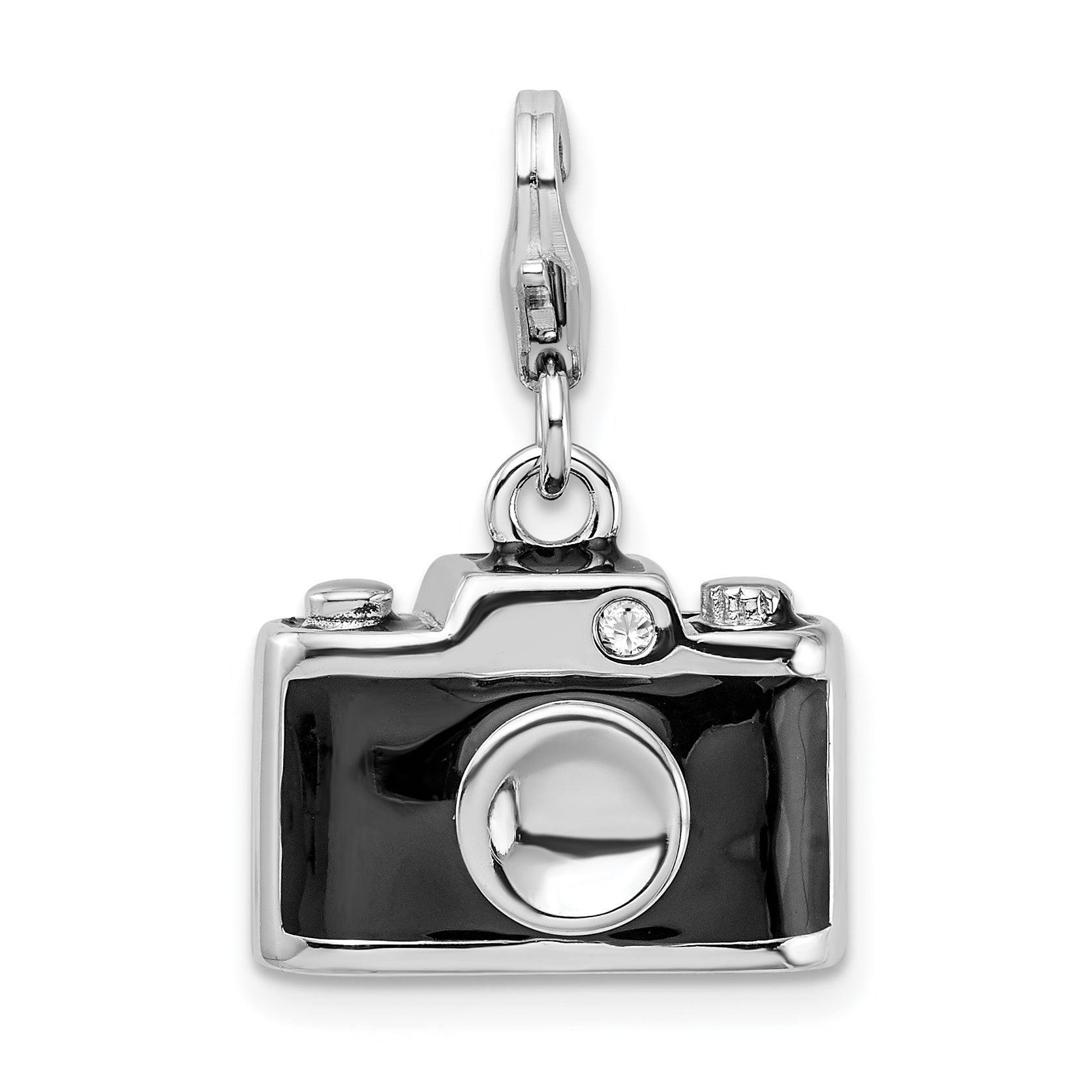 Sterling Silver Amore La Vita Rhodium-Plated Polished 3-D Enameled Crystal From Swarovski Camera Charm With Fancy Lobster Clasp