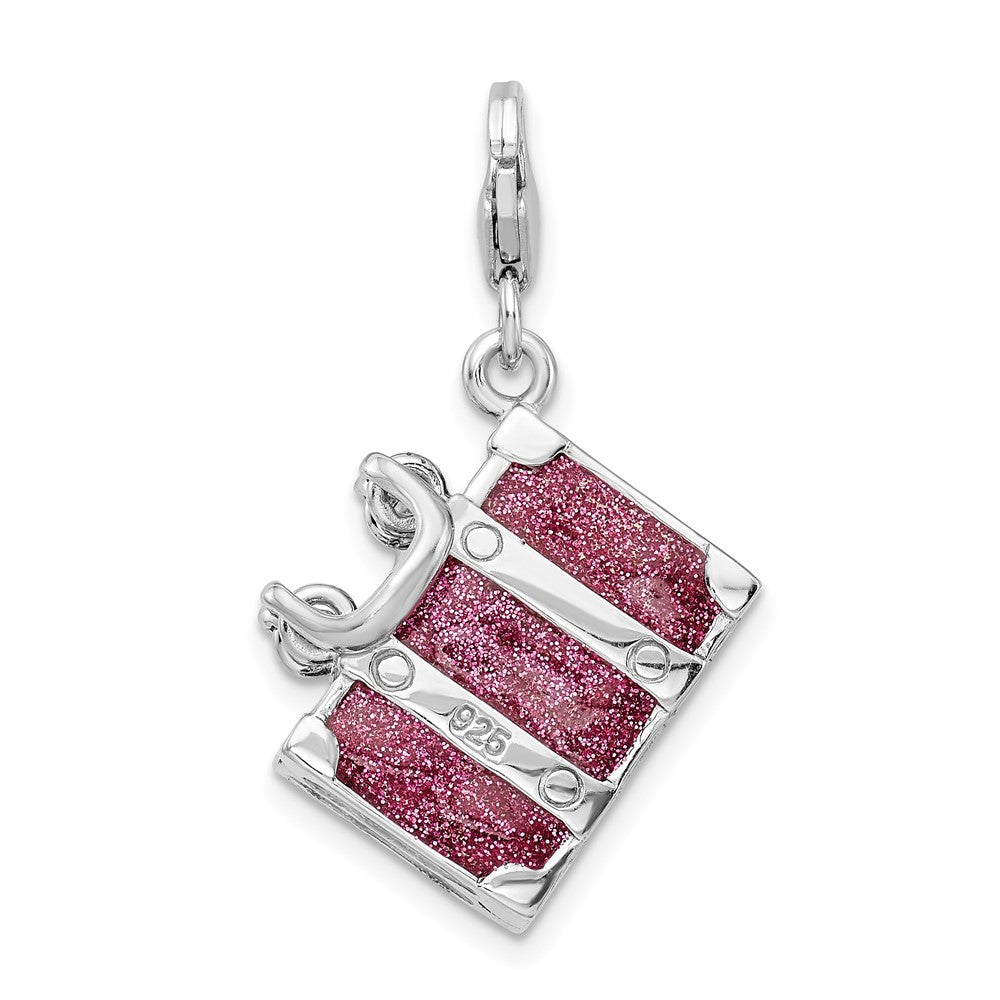 Sterling Silver Amore La Vita Rhodium-Plated Polished 3-D Glitter Enameled Moveable Luggage Charm With Fancy Lobster Clasp