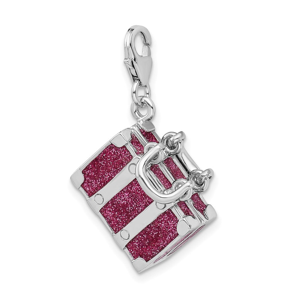 Sterling Silver Amore La Vita Rhodium-Plated Polished 3-D Glitter Enameled Moveable Luggage Charm With Fancy Lobster Clasp