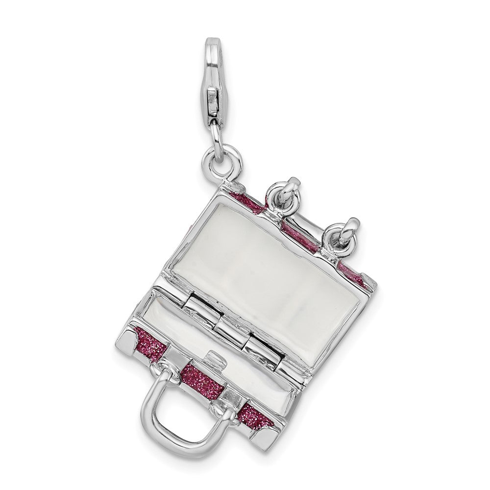 Sterling Silver Amore La Vita Rhodium-Plated Polished 3-D Glitter Enameled Moveable Luggage Charm With Fancy Lobster Clasp