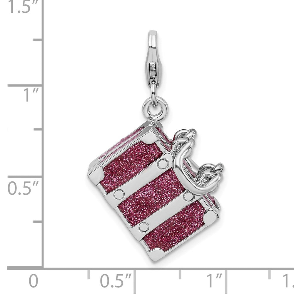 Sterling Silver Amore La Vita Rhodium-Plated Polished 3-D Glitter Enameled Moveable Luggage Charm With Fancy Lobster Clasp