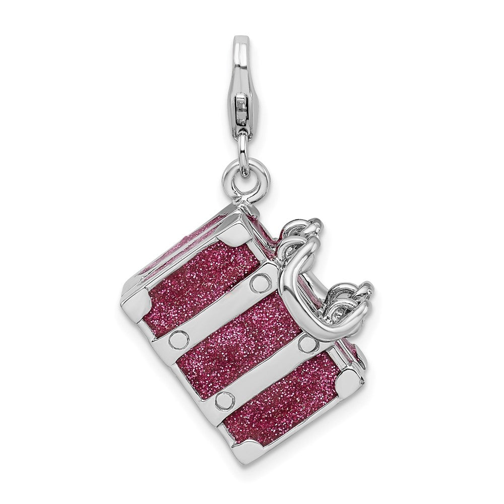 Sterling Silver Amore La Vita Rhodium-Plated Polished 3-D Glitter Enameled Moveable Luggage Charm With Fancy Lobster Clasp