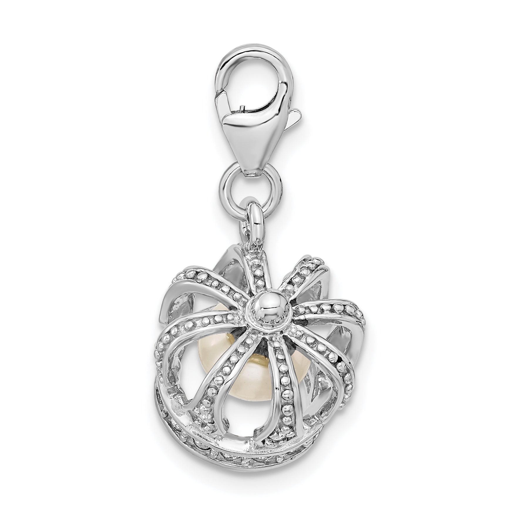 Sterling Silver Amore La Vita Rhodium-Plated Polished 3-D Crystal From Swarovski And Freshwater Cultured Pearl Crown Charm With Fancy Lobster Clasp