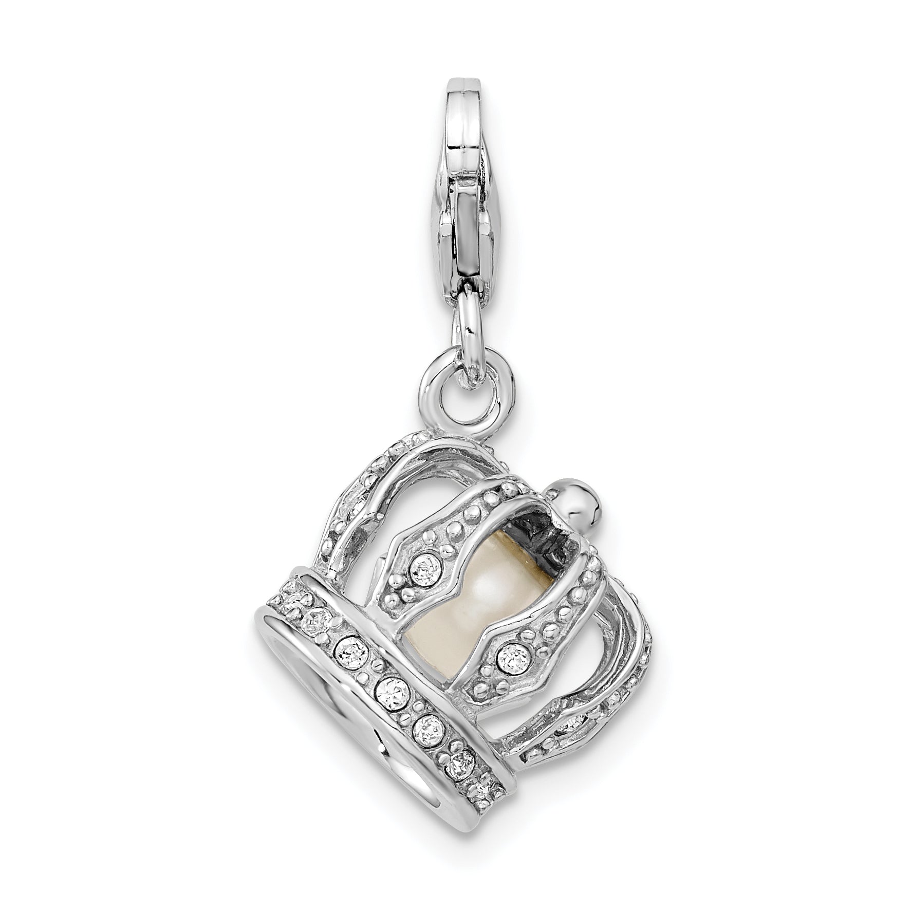 Sterling Silver Amore La Vita Rhodium-Plated Polished 3-D Crystal From Swarovski And Freshwater Cultured Pearl Crown Charm With Fancy Lobster Clasp