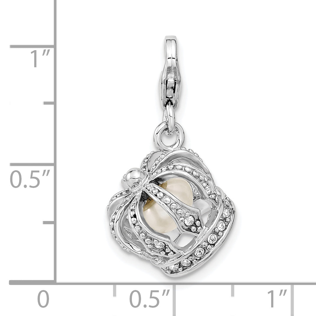 Sterling Silver Amore La Vita Rhodium-Plated Polished 3-D Crystal From Swarovski And Freshwater Cultured Pearl Crown Charm With Fancy Lobster Clasp