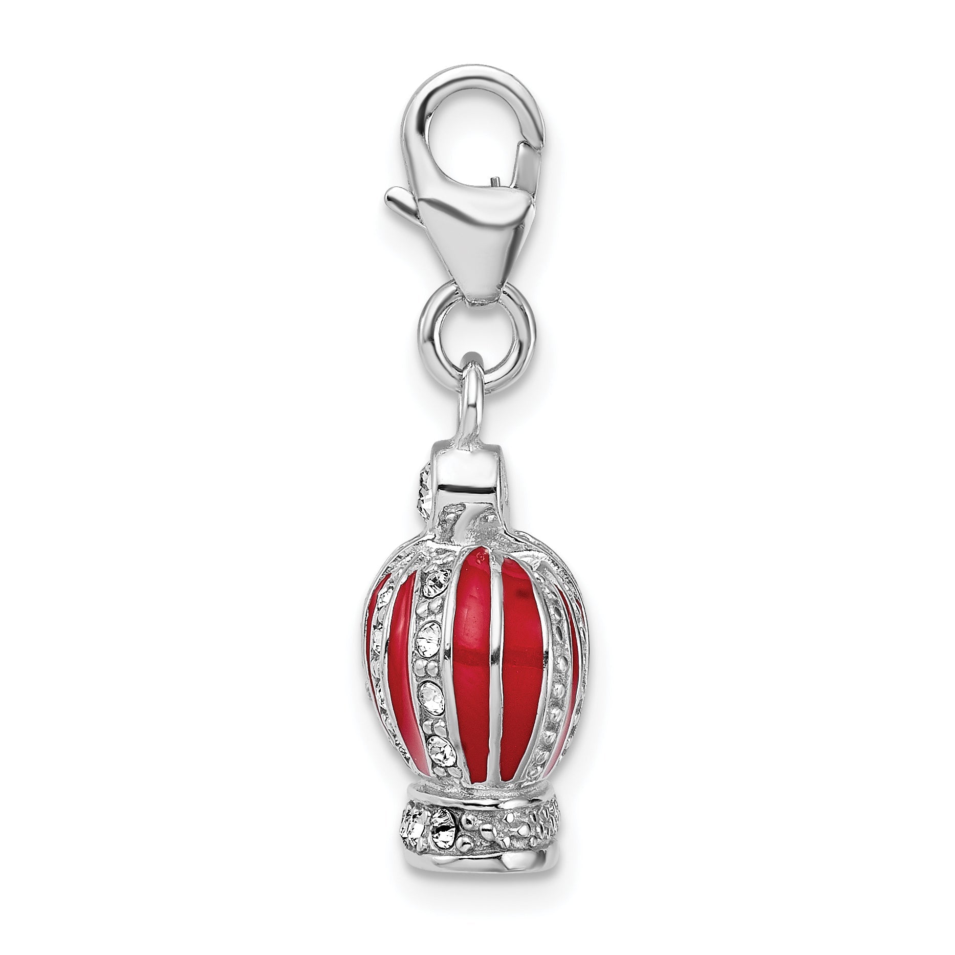 Sterling Silver Amore La Vita Rhodium-Plated Polished 3-D Crystal From Swarovski And Red Enameled Crown Charm With Fancy Lobster Clasp